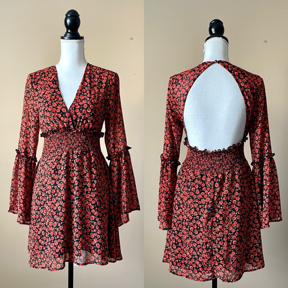 CIDER | Red Floral Bell Sleeve Open Back Mini Dress Sz S